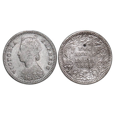 Victoria Empress, Silver, 2 Annas, 1888, Bombay Mint, B/II, 'B' incused. GK 785. Fine+. Sc
