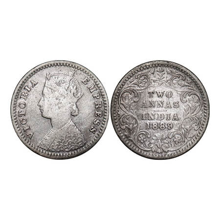 Victoria Empress, Silver, 2 Annas, 1889, Bombay Mint, B/II, 'B' incused. GK 787. Fine+, Cl
