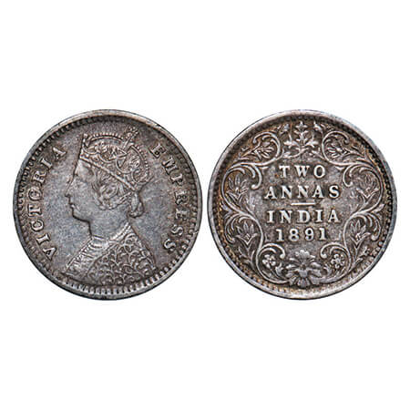 Victoria Empress, Silver, 2 Annas, 1891, Bombay Mint, B/II, 'B' incused. GK 794. Very Fine