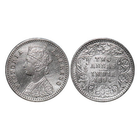 Victoria Empress, Silver, 2 Annas, 1894, Bombay Mint, B/II, 'B' incused. GK 801. Very Fine