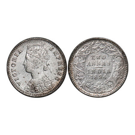 Victoria Empress, Silver, 2 Annas, 1894, Bombay Mint, B/II, 'B' incused. GK 801. Very Fine