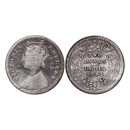 Victoria Empress, Silver, 2 Annas, 1895, Calcutta Mint, B/II, 'C' incused. GK 803. Fine. S