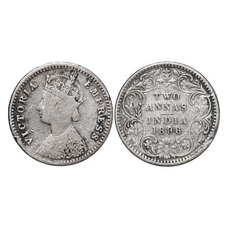 Victoria Empress, Silver, 2 Annas, 1896, Bombay Mint, B/II, 'B' incused. GK 804. Fine+. Sc
