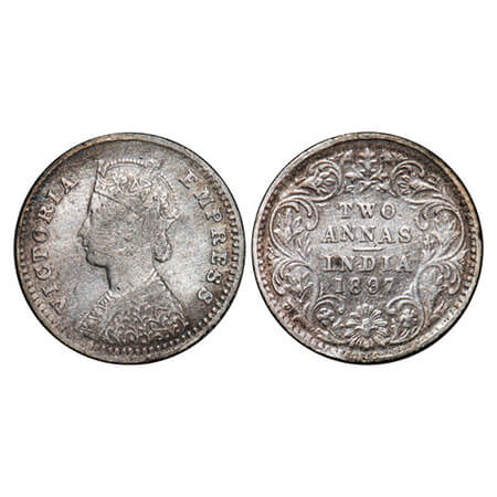 Victoria Empress, Silver, 2 Annas, 1897, Bombay Mint, B/II, 'B' incused. GK 806. Fine+. Sc