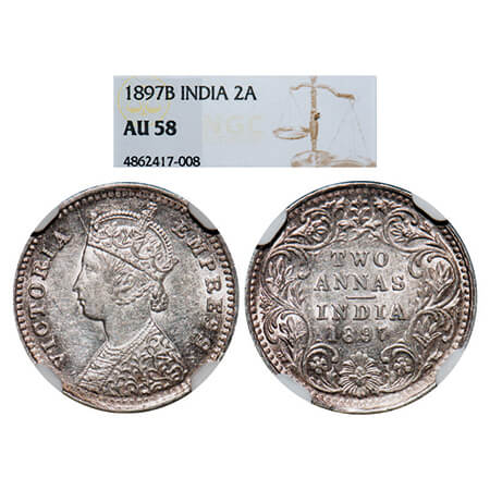 Victoria Empress, Silver, 2 Annas, 1897, Bombay Mint, B/II, 'B' incused. GK 806. NGC Slabb