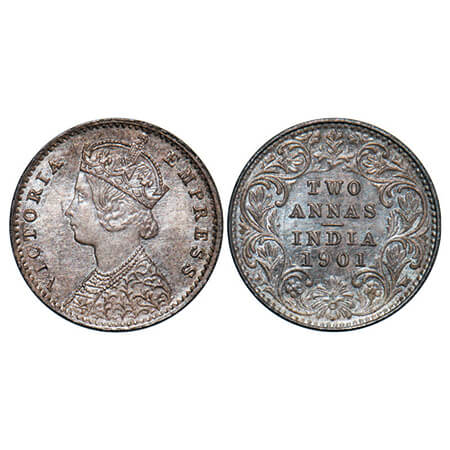 Victoria Empress, Silver, 2 Annas, 1901, Calcutta Mint, B/II, 'C' incused. GK 817. Uncircu