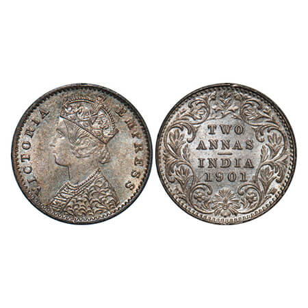 Victoria Empress, Silver, 2 Annas, 1901, Calcutta Mint, B/II, 'C' incused. GK 817. Uncircu