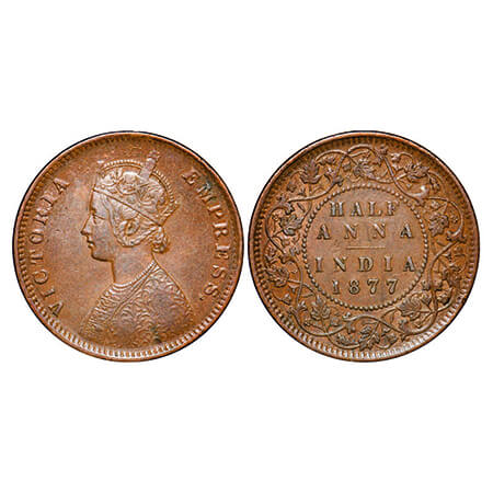 Victoria Empress, Copper, Half Anna, 1877, Calcutta Mint, C/II. GK 821. Very Fine+. Scarce