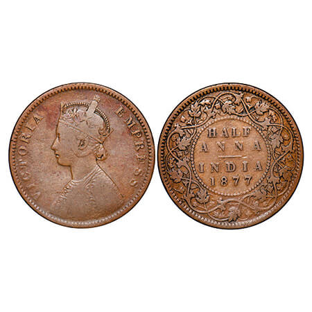 Victoria Empress, Copper, Half Anna, 1877, Calcutta Mint, C/II, Queen's jabot has 4 1/2 pa