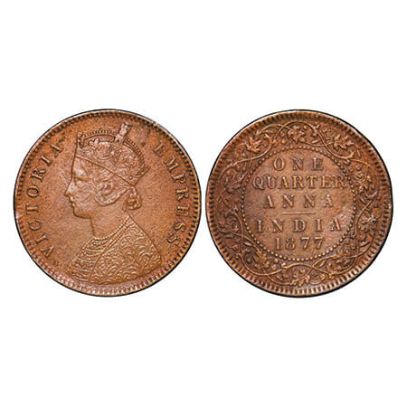 Victoria Empress, Copper, Quarter Anna, 1877, Calcutta Mint, B/II, No mint mark. GK 829. E