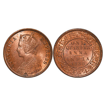 Victoria Empress, Copper, Quarter Anna, 1880, Calcutta Mint, B/II, 'C' incused. GK 833. Br