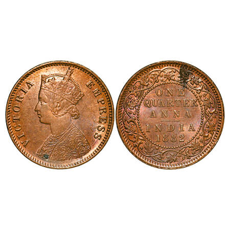 Victoria Empress, Copper, Quarter Anna, 1882, Calcutta Mint, B/II, 'C' incused. GK 835. Al