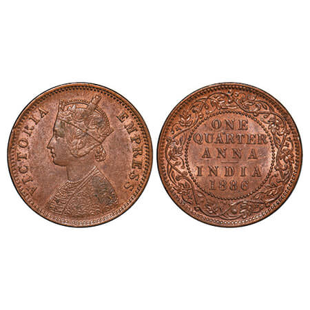 Victoria Empress, Copper, Quarter Anna, 1886, Bombay Mint, B/I, No mint mark GK 841. Extre