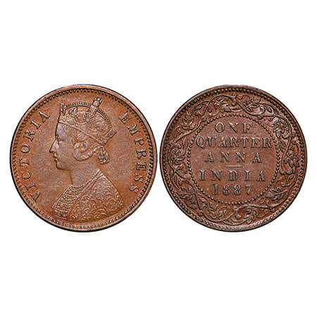 Victoria Empress, Copper, Quarter Anna, 1887, Bombay Mint, B/I, No mint mark GK 843. Very 