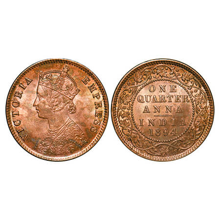 Victoria Empress, Copper, Quarter Anna, 1894, Calcutta Mint, B/II, No mint mark. GK 853. U