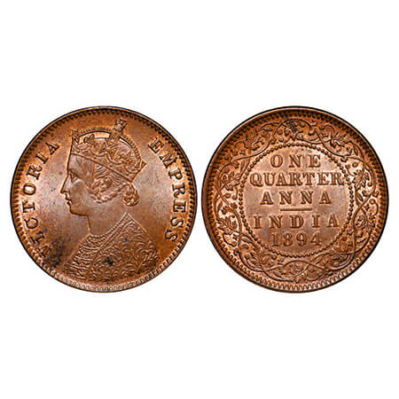Victoria Empress, Copper, Quarter Anna, 1894, Calcutta Mint, B/II, No mint mark, Die crack