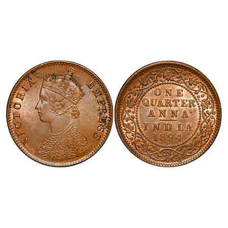 Victoria Empress, Copper, Quarter Anna, 1894, Calcutta Mint, B/II, No mint mark, Die crack