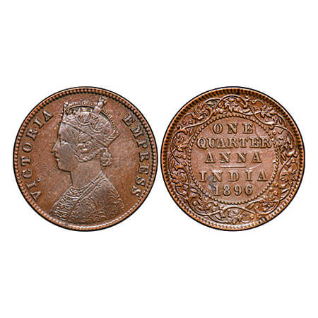 Victoria Empress, Copper, Quarter Anna, 1896, Calcutta Mint, B/II, No mint mark. GK 855. V