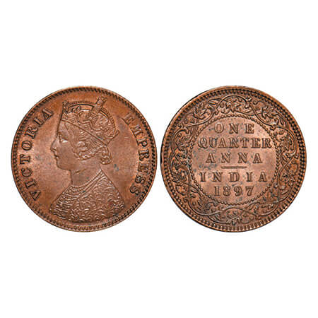 Victoria Empress, Copper, Quarter Anna, 1897, Calcutta Mint, B/II, No mint mark GK 856. Ex
