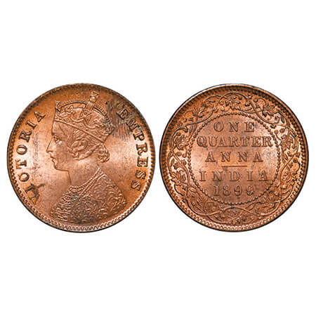 Victoria Empress, Copper, Quarter Anna, 1899, Calcutta Mint, B/II, No mint mark. GK 858. M