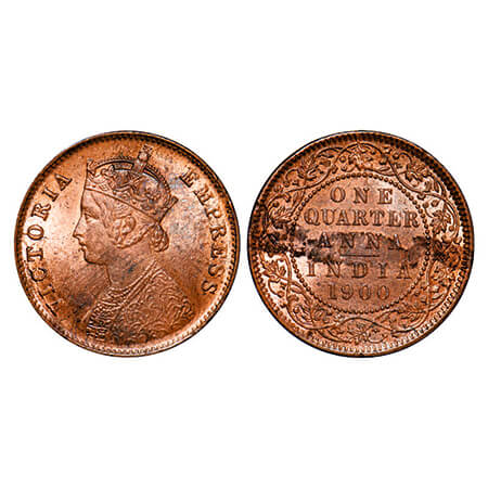 Victoria Empress, Copper, Quarter Anna, 1900, Calcutta Mint, B/II, No mint mark, Die crack