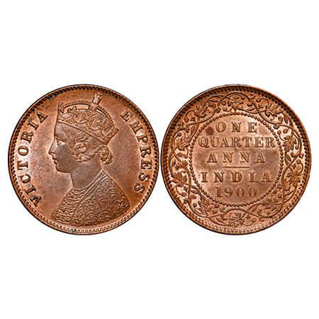Victoria Empress, Copper, Quarter Anna, 1900, Calcutta Mint, B/II, No mint mark, Die crack