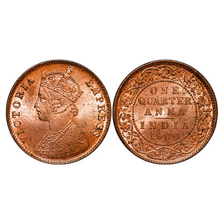 Victoria Empress, Copper, Quarter Anna, 1900, Calcutta Mint, B/II, No mint mark, Die crack