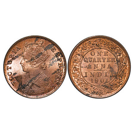 Victoria Empress, Copper, Quarter Anna, 1901, Calcutta Mint, B/II, No mint mark, Die crack