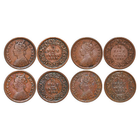 Victoria Empress, Copper, 1/2 Pice, (4 coins), 1887, 1888, 1890, 1899, Calcutta Mint, A/I,