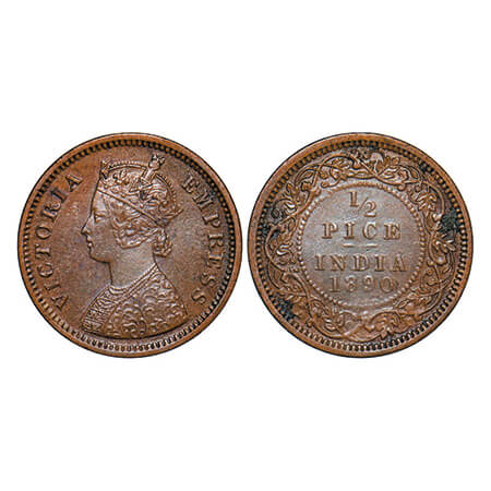 Victoria Empress, Copper, 1/2 Pice, 1890, Calcutta Mint, A/I, No mint mark. GK 870. Extrem