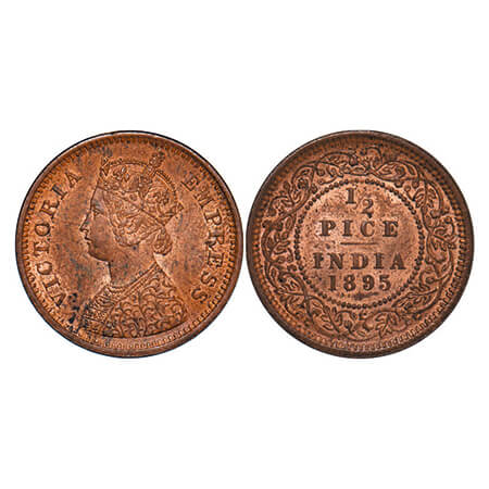 Victoria Empress, Copper, 1/2 Pice, 1895, Calcutta Mint, A/I, No mint mark. GK 875. Uncirc