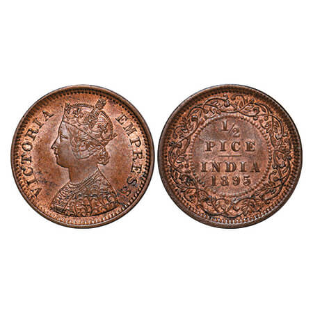 Victoria Empress, Copper, 1/2 Pice, 1895, Calcutta Mint, A/I, No mint mark, Ghost on Rev. 
