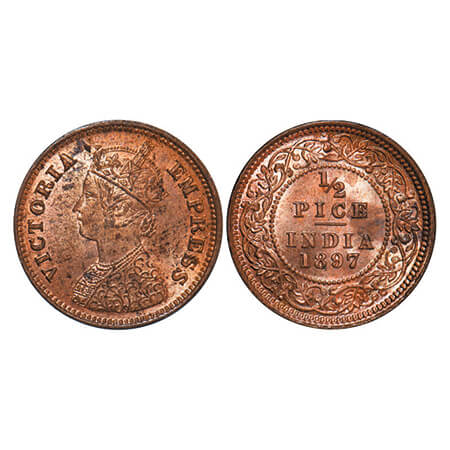 Victoria Empress, Copper, 1/2 Pice, 1897, Calcutta Mint, A/I, No mint mark. GK 877. Uncirc