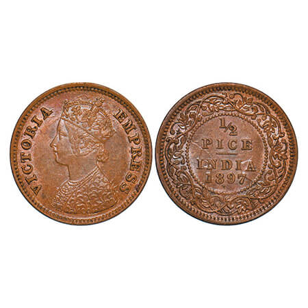 Victoria Empress, Copper, 1/2 Pice, 1897, Calcutta Mint, A/I, No mint mark, Ghost on Rev.