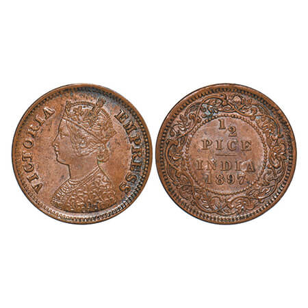 Victoria Empress, Copper, 1/2 Pice, 1897, Calcutta Mint, A/I, No mint mark, Ghost on Rev.