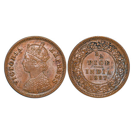 Victoria Empress, Copper, 1/2 Pice, 1897, Calcutta Mint, A/I, No mint mark. GK 877. Uncirc