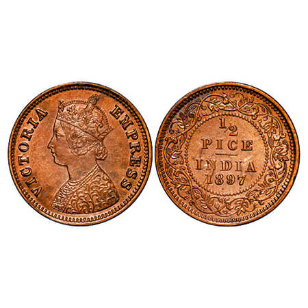 Victoria Empress, Copper, 1/2 Pice, 1897, Calcutta Mint, A/I, No mint mark. GK 877. Extrem