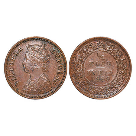 Victoria Empress, Copper, 1/2 Pice, 1899, Calcutta Mint, A/I, No mint mark, Ghost on Rev. 