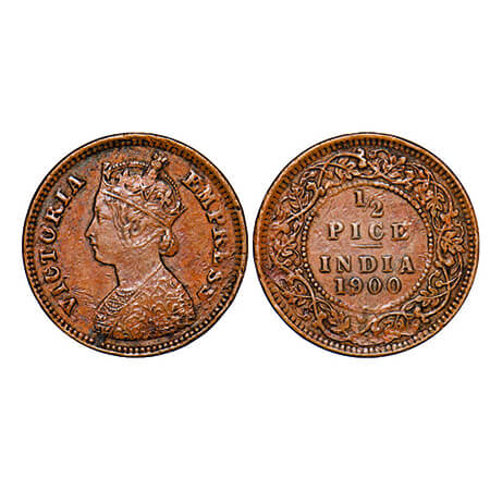 Victoria Empress, Copper, 1/2 Pice, 1900, Calcutta Mint, A/I, No mint mark. GK 880. Very F