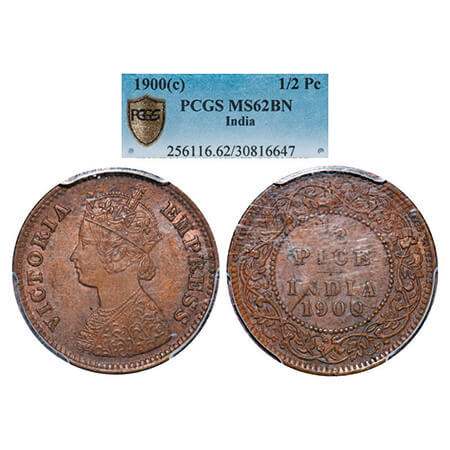 Victoria Empress, Copper, 1/2 Pice, 1900, Calcutta Mint, A/I, No mint mark. GK 880. PCGS S