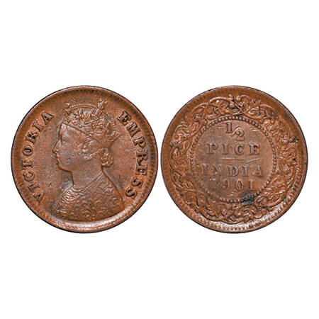 Victoria Empress, Copper, 1/2 Pice, 1901, Calcutta Mint, A/I, No mint mark. GK 881. Very F