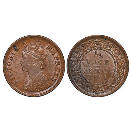 Victoria Empress, Copper, 1/2 Pice, 1901, Calcutta Mint, A/I, No mint mark, Complete ghost