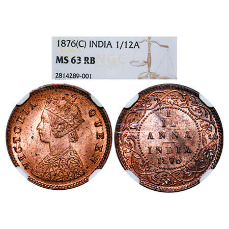 Victoria Empress, Copper, 1/12 Anna, 1876, Calcutta Mint, Obv A, No mint mark. GK 888. NGC