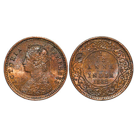 Victoria Empress, Copper, 1/12 Anna, 1882, Calcutta Mint, Obv B, 'C' incused. GK 893. Almo