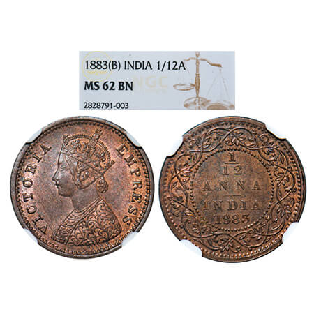 Victoria Empress, Copper, 1/12 Anna, 1883, Bombay Mint, Obv A, No mint mark. GK 895. NGC M