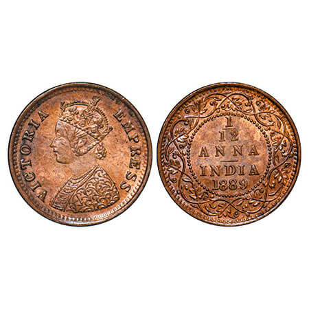 Victoria Empress, Copper, 1/12 Anna, 1889, Bombay Mint, Obv A, No mint mark. GK 909. Uncir