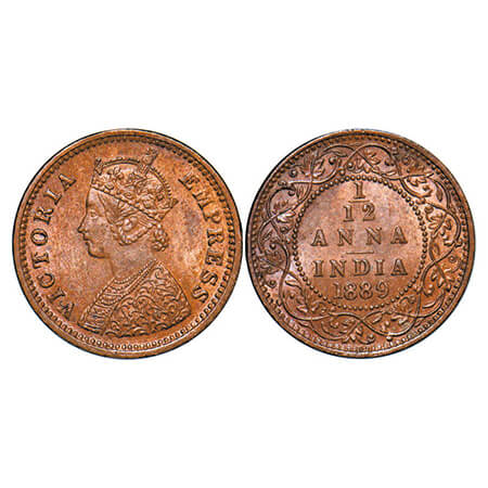 Victoria Empress, Copper, 1/12 Anna, 1889, Bombay Mint, Obv A, No mint mark. GK 909. Brill
