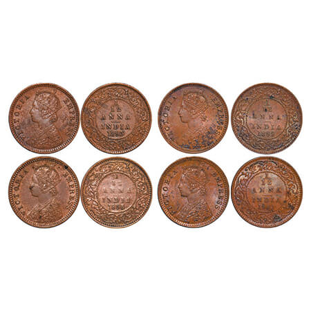 Victoria Empress, Copper, 1/12 Anna, (4 coins), 1893, 1895, 1899, 1901, Calcutta Mint, Obv