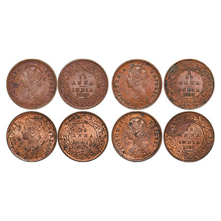 Victoria Empress, Copper, 1/12 Anna, (4 coins), 1893, 1894, 1895, 1897, Calcutta Mint, Obv