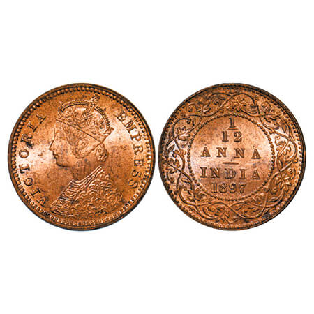 Victoria Empress, Copper, 1/12 Anna, 1897, Calcutta Mint, Obv B, No mint mark. GK 918. Min